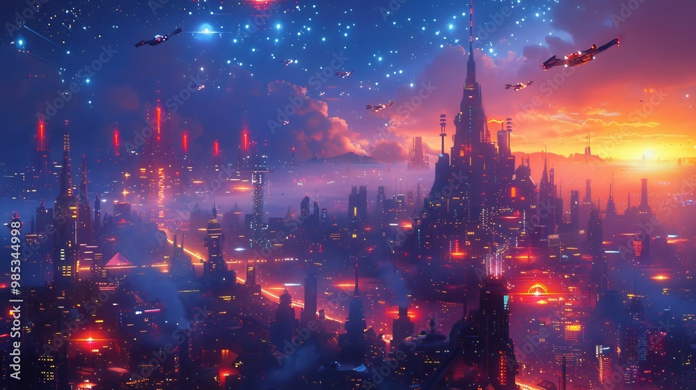 Cool drawing of a futuristic cityscape with neon lights flying cars and sleek skyscrapers under a dark starry sky Cool drawing of a futuristic cityscape with neon lights flying cars and sleek skyscrapers under a dark starry sky