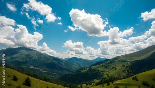 Imagine a summer day in the mountains with fluffy white cumulus clouds dotting the bright blue sky, casting playful shadows on the lush green valleys below 3