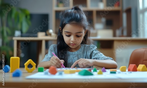 Young Indian Girl Exploring Math in a Fun and Modern Setting generative ai