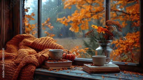 Cozy autumnal scene with a hot cup of tea woolen blanket and a stack of books next to a window overlooking a rainy orangehued landscape photo