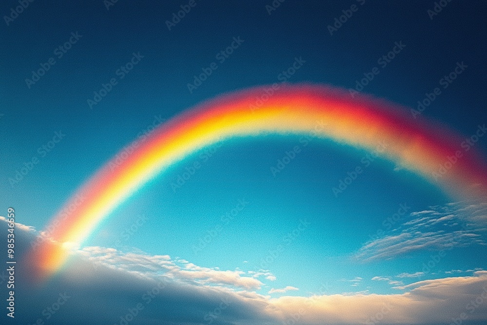 Bright and Colorful Rainbow Arcing Over a Clear Blue Sky with Fluffy White Clouds in the Background Bright and Colorful Rainbow Arcing Over a Clear Blue Sky with Fluffy White Clouds in the Background