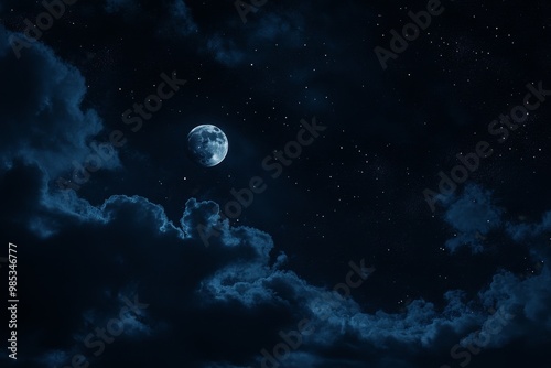 A glowing moon shines bright in the night sky, surrounded by fluffy clouds and twinkling stars.