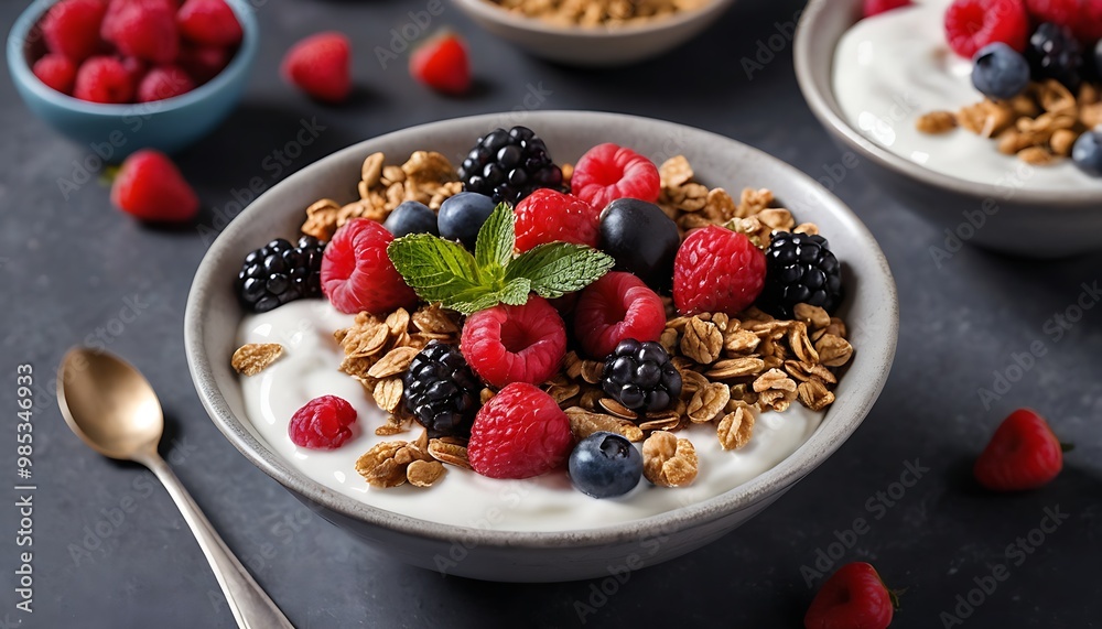 Fresh & Wholesome: Granola and Yogurt with Berries, Ideal for Advertising and Copy Space Fresh & Wholesome: Granola and Yogurt with Berries, Ideal for Advertising and Copy Space
