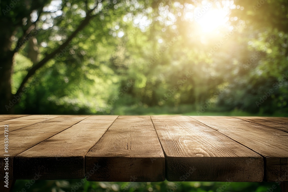 Wooden table top with blurred green foliage and sun rays in the background. Wooden table top with blurred green foliage and sun rays in the background.