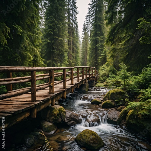 A wooden bridge crossing a stream or ravine in the forest