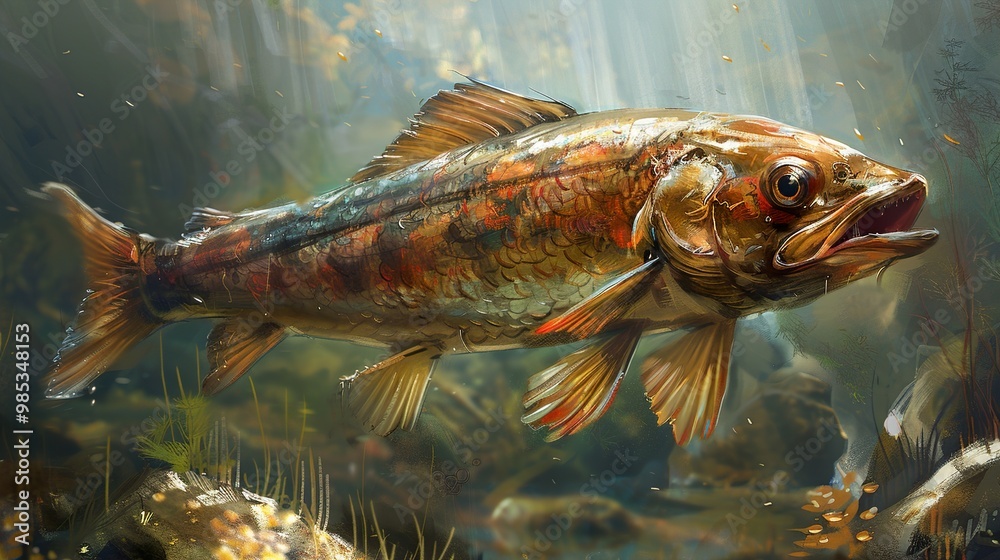 Fototapeta premium Golden Fish Underwater: A Detailed Painting