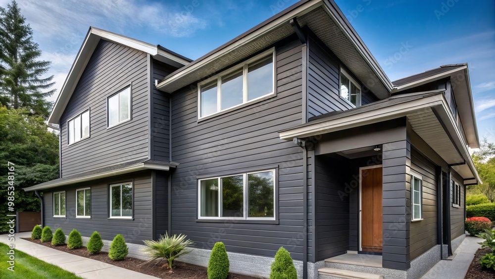 Dark gray textured vinyl siding panels create a sophisticated exterior makeover for a modern home, adding depth and Dark gray textured vinyl siding panels create a sophisticated exterior makeover for a modern home, adding depth and