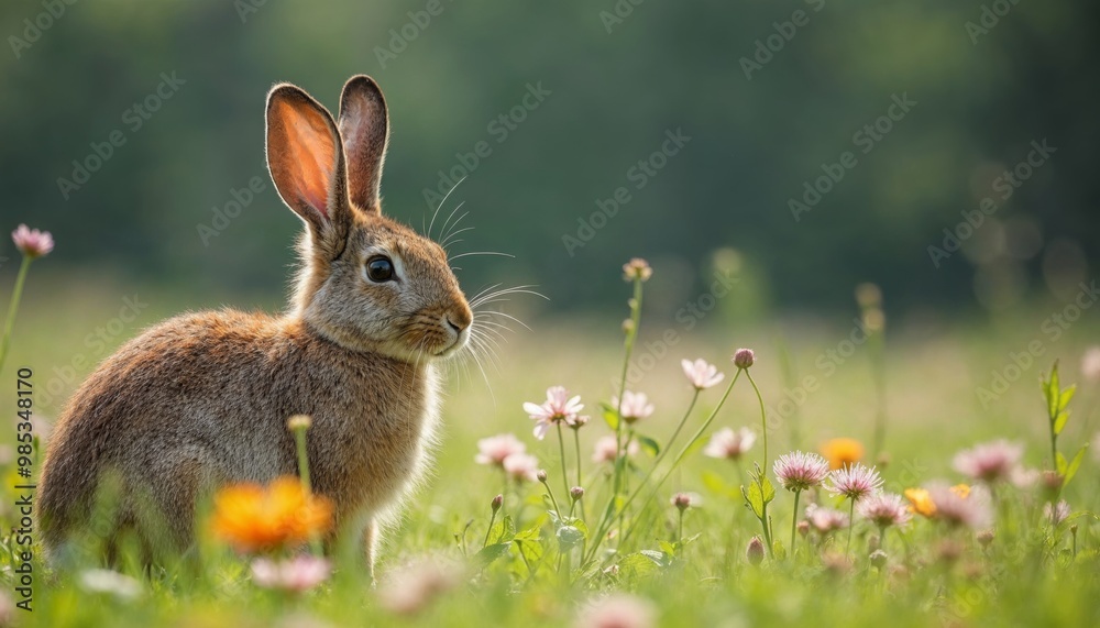 Fototapeta premium Cute brown bunny rabbit standing in a field of green grass and wildflowers