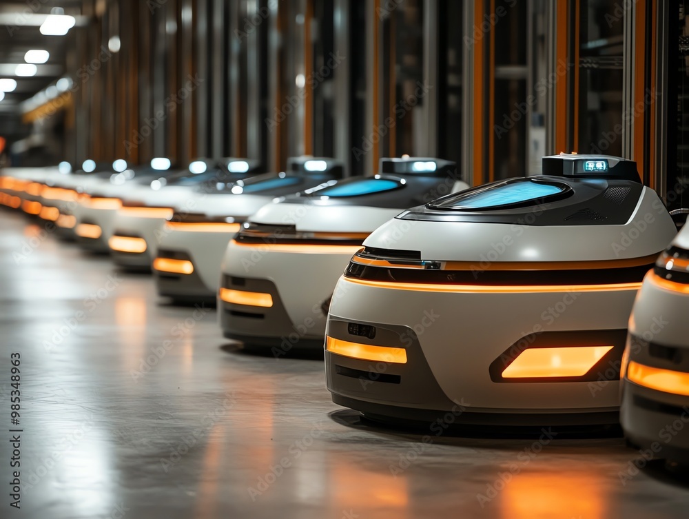 Fototapeta premium Row of autonomous robots with orange lights in a warehouse.