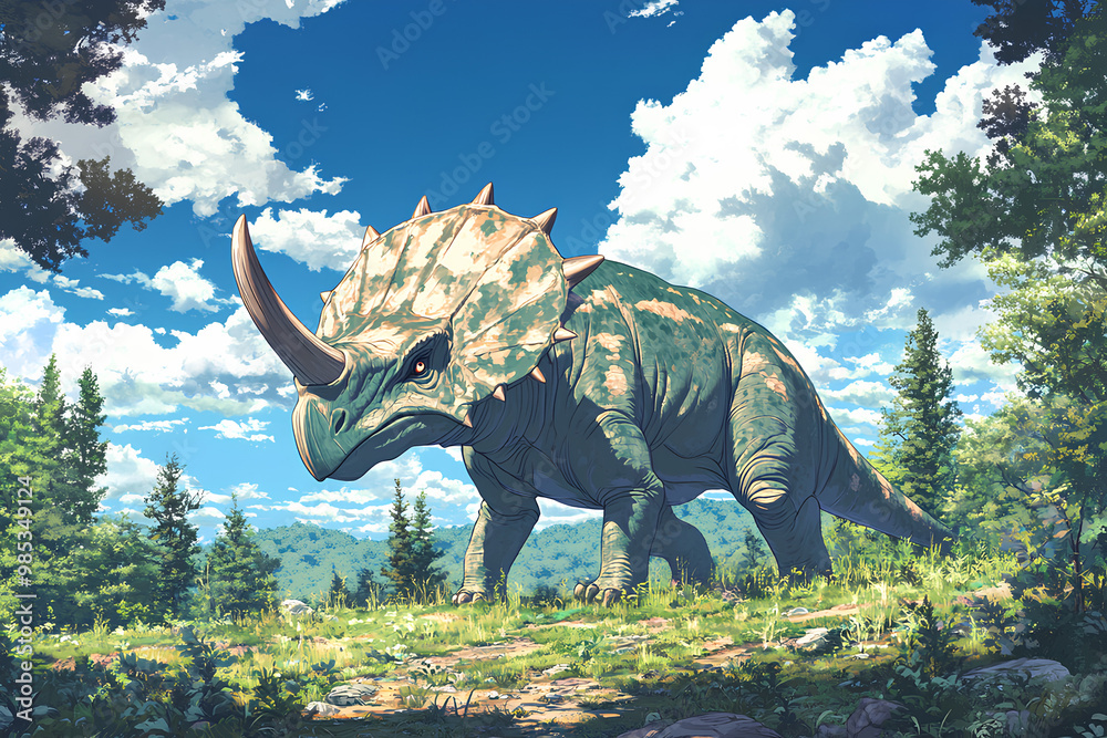 Fototapeta premium a Triceratops in the forest, blue sky and white clouds