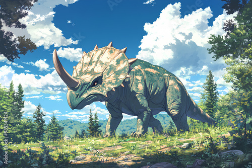 a Triceratops in the forest, blue sky and white clouds