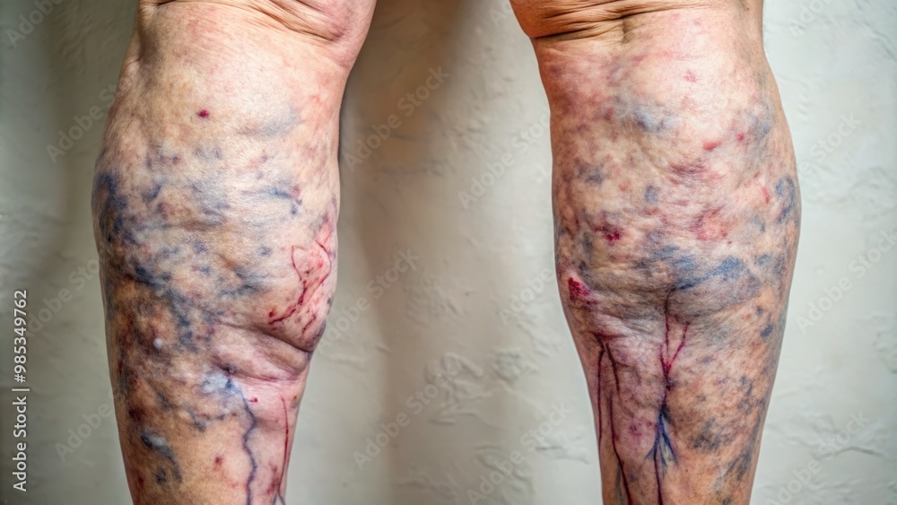 Deep red swollen veins bulge on pale skin, twisted and gnarled from years of strain, as blood clots Deep red swollen veins bulge on pale skin, twisted and gnarled from years of strain, as blood clots