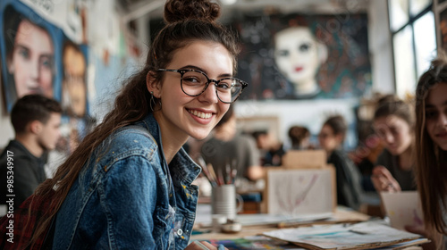 A girl with glasses is smiling at the camera in a classroom