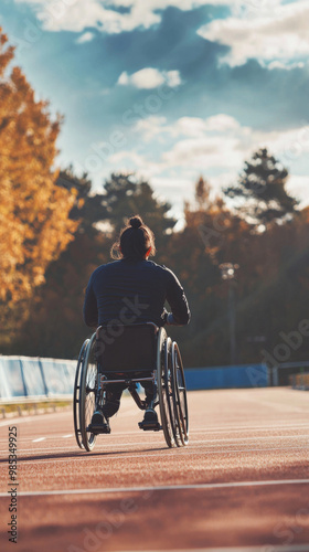 A woman in a wheelchair is sitting on a track