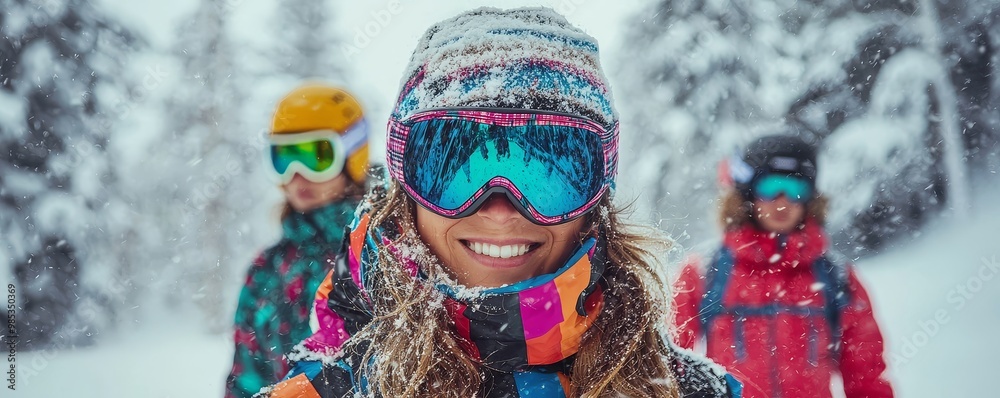 Group of skiers wearing modern, stylish ski gear, gathered around a cozy lodge, enjoying apresski fashion Group of skiers wearing modern, stylish ski gear, gathered around a cozy lodge, enjoying apresski fashion