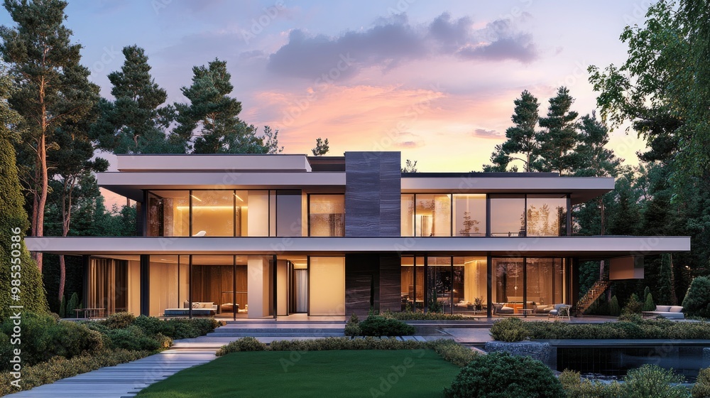 A modern house with sleek lines, softly lit in the evening, rendered with a realistic outdoor background of trees and sunset sky A modern house with sleek lines, softly lit in the evening, rendered with a realistic outdoor background of trees and sunset sky