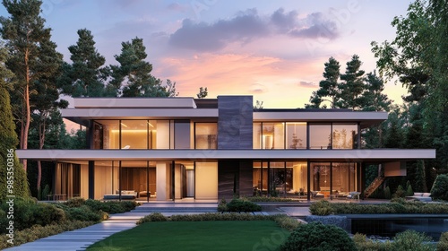 A modern house with sleek lines, softly lit in the evening, rendered with a realistic outdoor background of trees and sunset sky