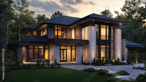 Beautiful evening rendering of a modern home, with warm lights glowing from large windows, set against a realistic background of trees and sunset