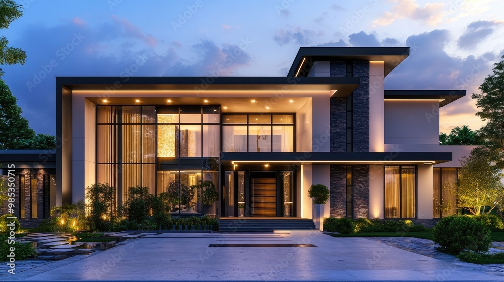 Beautiful modern house glowing in the evening, with elegant architecture and warm lights, set against a realistic sky and landscape backdrop Beautiful modern house glowing in the evening, with elegant architecture and warm lights, set against a realistic sky and landscape backdrop