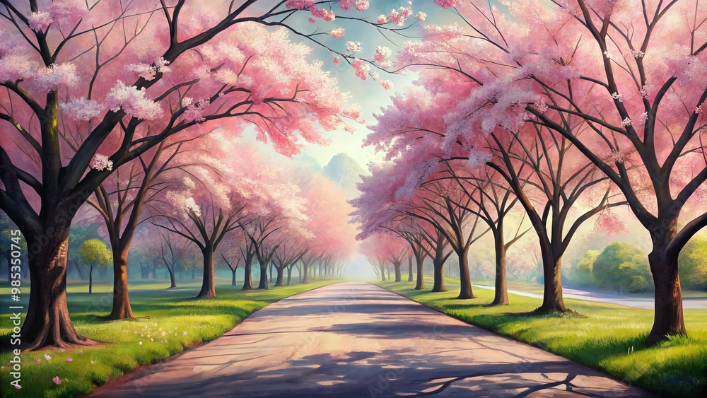 Delicate cherry blossoms sway in gentle hues of pink, surrounded by slender trees etched in soft lines, creating Delicate cherry blossoms sway in gentle hues of pink, surrounded by slender trees etched in soft lines, creating