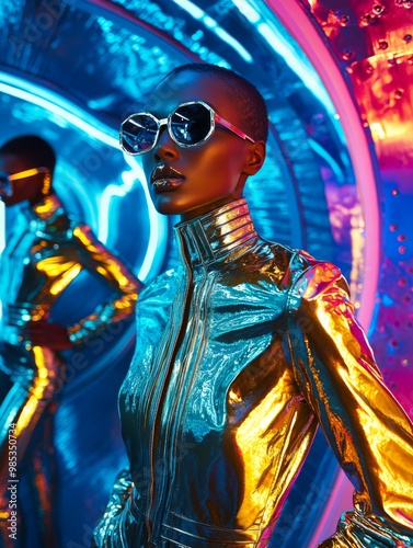 A woman in a metallic outfit with sunglasses on her face