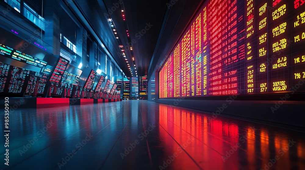 Stock market ticker tape displays in an empty building with red and yellow numbers, reflecting on the sleek floor. Stock market ticker tape displays in an empty building with red and yellow numbers, reflecting on the sleek floor.
