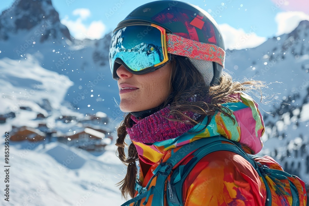 Fashionforward snowboarder at a ski resort, showing off a bold and colorful outfit, surrounded by snowy mountains