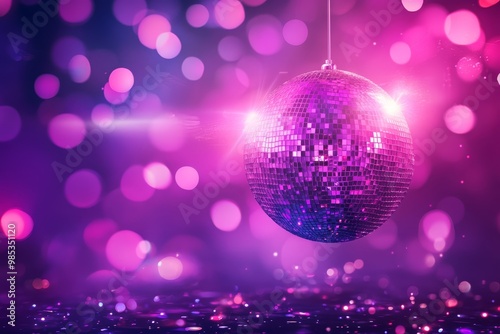 A disco ball hangs in the air above a purple and pink bokeh background. photo