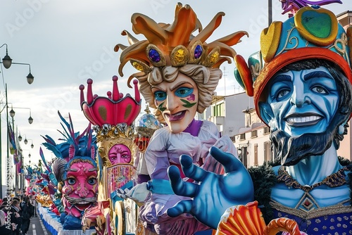 Colorful carnival parade in Viareggio, Italy. Vibrant allegorical floats, ornate masks on display. People dressed in elaborate costumes dance, perform. Annual event celebrates European culture with