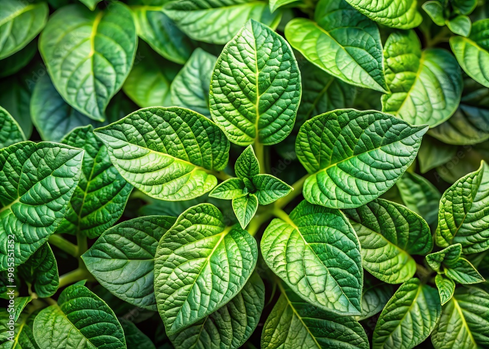 Delicate folds and veins create intricate patterns on the green potato plant leaves, showcasing the tiny textures and Delicate folds and veins create intricate patterns on the green potato plant leaves, showcasing the tiny textures and