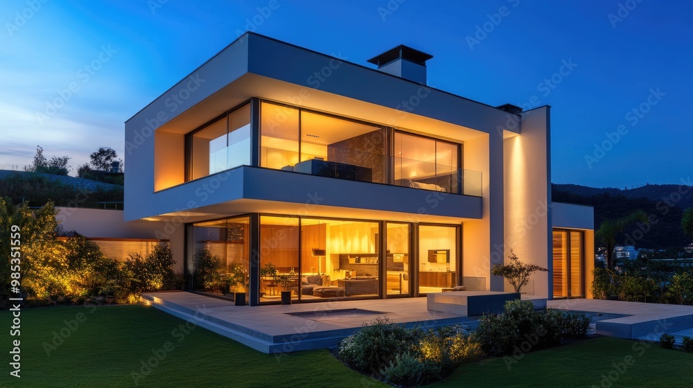 Elegant modern house in the evening, softly lit with warm lights, showcasing sleek lines and glass windows, set against a realistic evening backdrop Elegant modern house in the evening, softly lit with warm lights, showcasing sleek lines and glass windows, set against a realistic evening backdrop