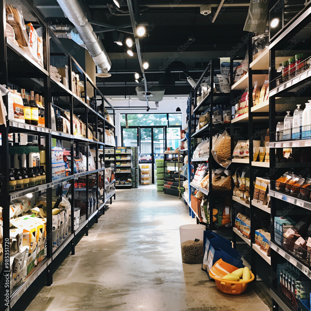 Fototapeta premium Retail store aisle of neatly arranged products