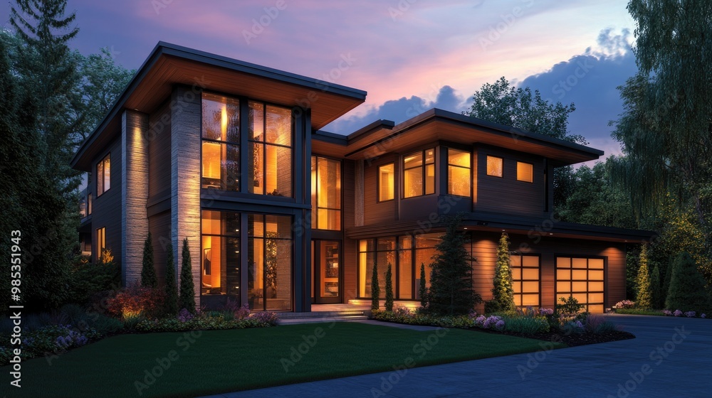 Evening rendering of a beautiful modern house, with warm lights glowing through large windows, set against a realistic twilight background