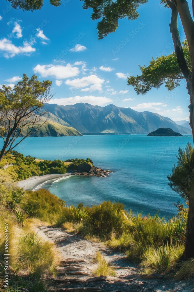 Panoramic view of serene sea with majestic mountains in background. New Zealand landscape on sunny day with clear blue sky. Green hills, sandy shore, calm ocean water. Tropical paradise for Panoramic view of serene sea with majestic mountains in background. New Zealand landscape on sunny day with clear blue sky. Green hills, sandy shore, calm ocean water. Tropical paradise for