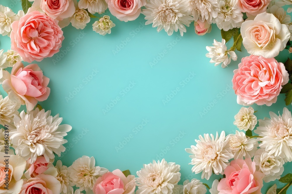 Pink and White Flowers Frame a Light Blue Background. Pink and White Flowers Frame a Light Blue Background.