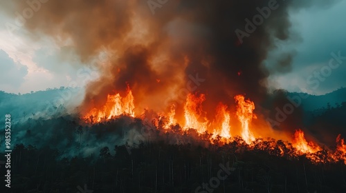 A forest fire raging through dry vegetation, with thick smoke rising into the sky, showing the increasing severity of wildfires due to climate change photo