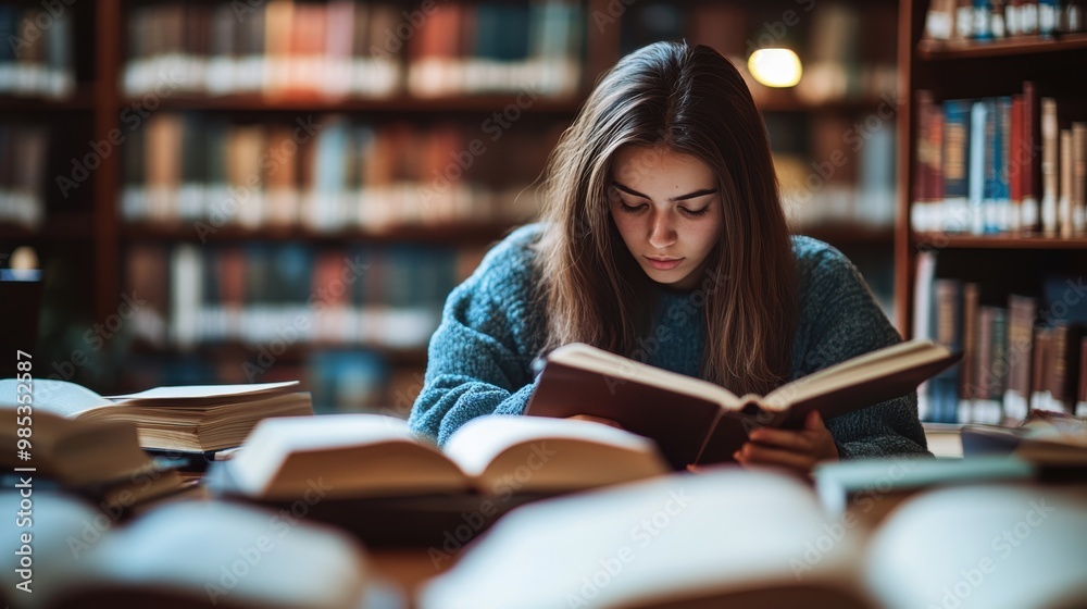Young woman studying intently in a library surrounded by books. Young woman studying intently in a library surrounded by books.