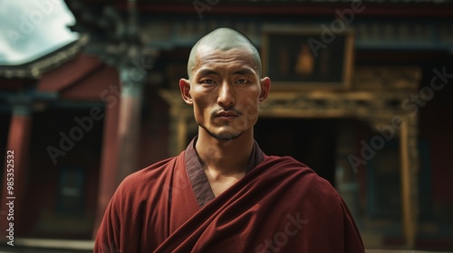 A Tibetan monk with a shaven head and simple robes, standing in the courtyard of a monastery, his face reflecting a lifetime of spiritual practice and wisdom