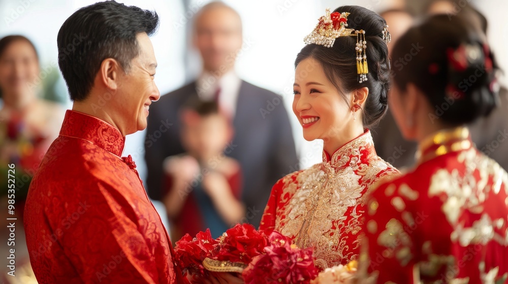 A traditional Chinese wedding ceremony with the bride and groom in red silk attire, exchanging vows in front of family, A traditional Chinese wedding ceremony with the bride and groom in red silk attire, exchanging vows in front of family,