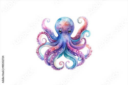 Dreamy Watercolor Octopus illustration of an expressive with soft. PNG clipart style, glowing in the abyss, with bioluminescent spots, isolate on white. Captures the ocean's mystery.