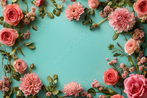 Pink flowers on blue background with copy space for text.