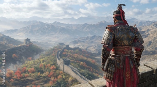 An ancient Chinese warrior in traditional armor, standing valiantly on the Great Wall of China, overlooking the vast landscape,