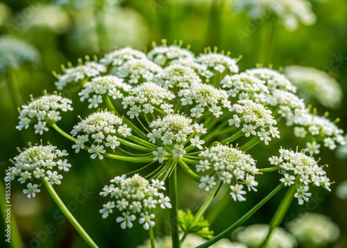 Delicate white blooms unfurl among emerald green leaves, a fleeting beauty in the sun-kissed field, their intricate