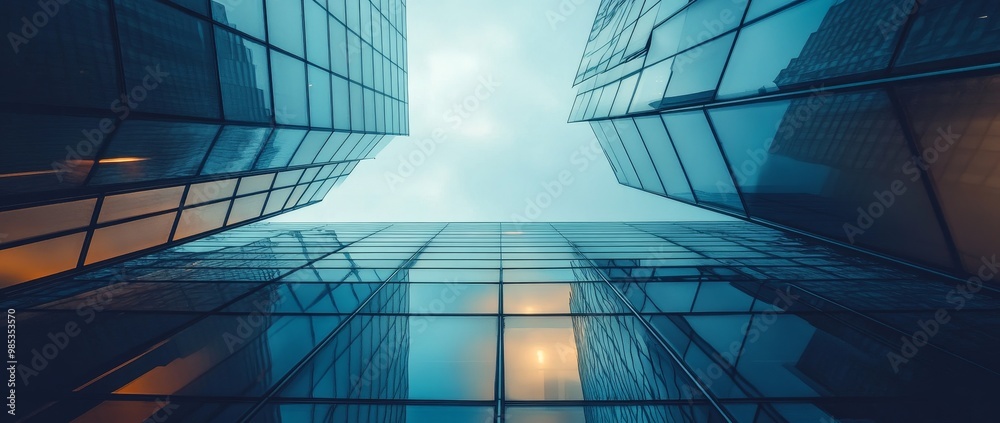 A low angle view of a modern skyscraper with a reflection of a building. A low angle view of a modern skyscraper with a reflection of a building.