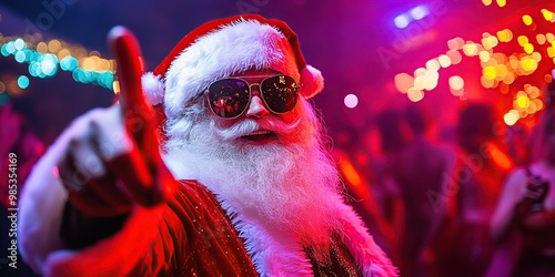 a photo of santa claus dancing in the club with neon lights and party people around him photo