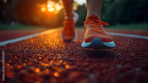 A runner on an empty track at dawn, lacing up their shoes with determination, the early morning light casting long shadows across the track