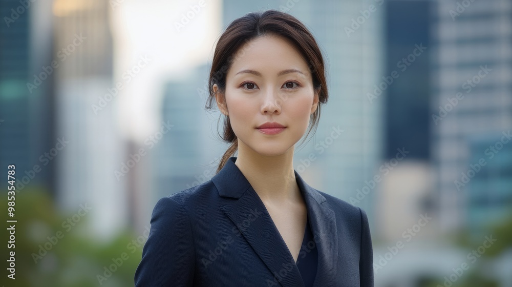 Asian businesswoman in a crisp suit, outdoors with a blurred city skyline of office buildings in the background. Asian businesswoman in a crisp suit, outdoors with a blurred city skyline of office buildings in the background.