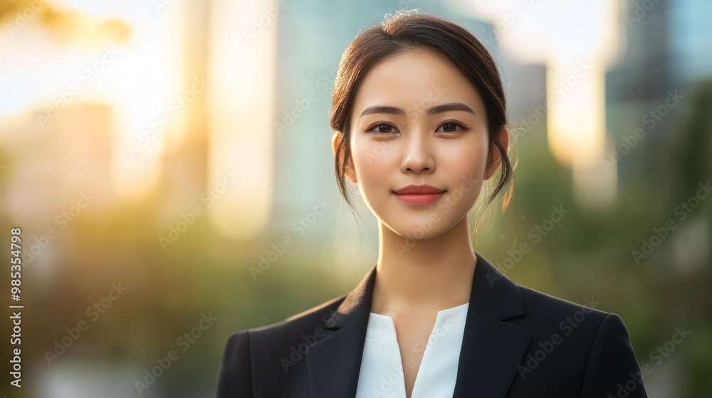 Asian businesswoman in a crisp suit, outdoors with a blurred city skyline of office buildings in the background. Asian businesswoman in a crisp suit, outdoors with a blurred city skyline of office buildings in the background.