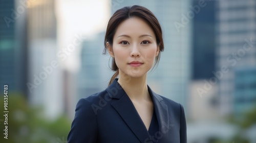 Asian businesswoman in a crisp suit, outdoors with a blurred city skyline of office buildings in the background. photo