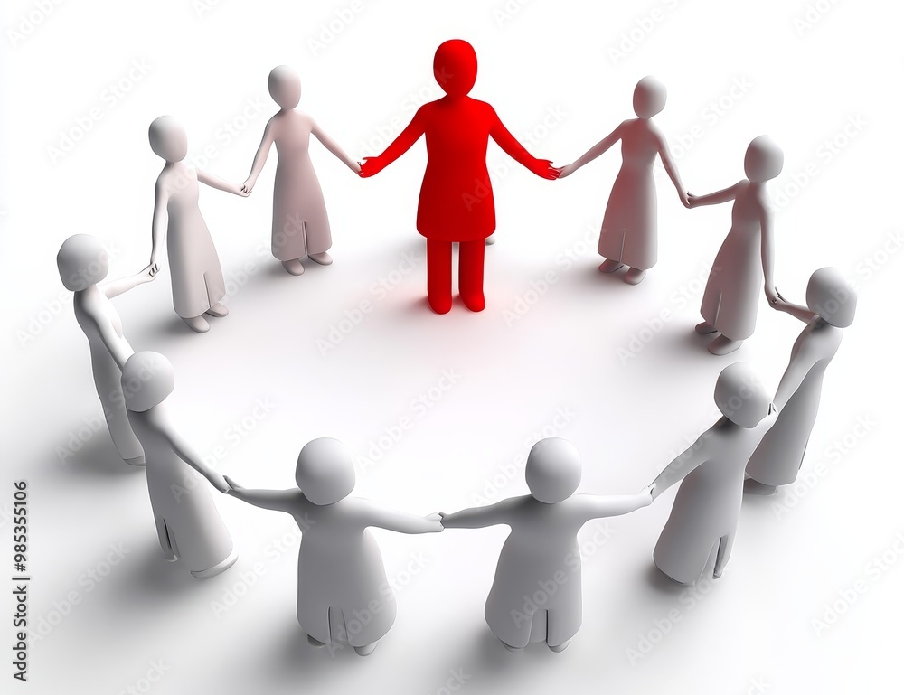 Red leader stands in circle of white figures holding hands, isolated on white background. Red leader stands in circle of white figures holding hands, isolated on white background.